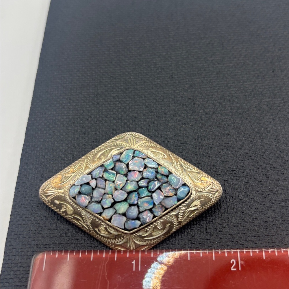 VTG Scandia Mosaic Raw Opal Diamond Shaped Brooch John Eisen Australia Silver - Picture 4 of 9